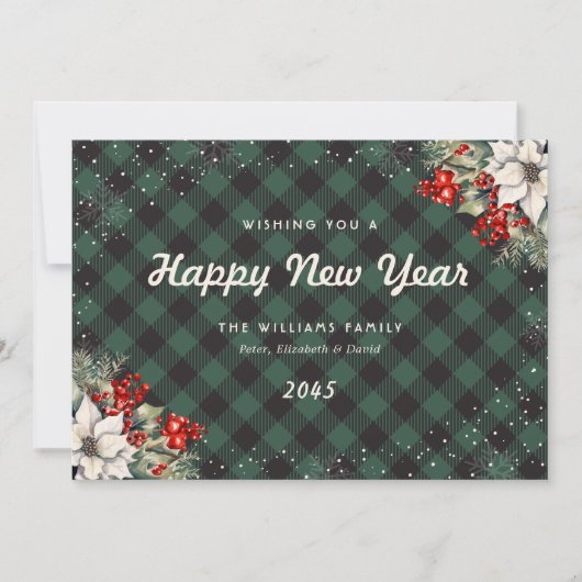 Botanical Green Plaid Snowflake New Year Card シーズンカード (正面)
