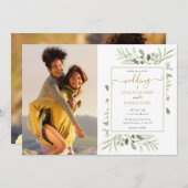 Botanical Greeneryの写真金ゴールド結婚スクリプト 招待状 (正面/裏面)