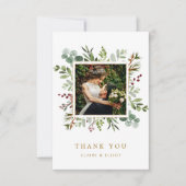 Botanical Greeneryクリスマス金ゴールド結婚の写真 サンキューカード (正面)