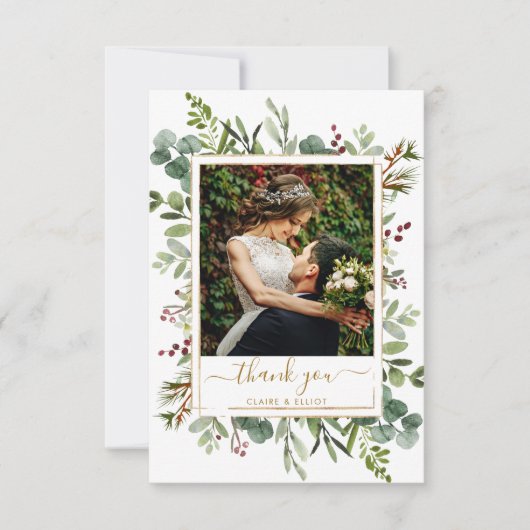 Botanical Greeneryクリスマス金ゴールド結婚の写真 サンキューカード (正面)