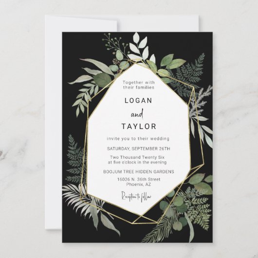 Botanical Greeneryブラック金ゴールドフレームQRコードフォト 招待状 (正面)