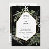 Botanical Greeneryブラック金ゴールドフレームQRコードフォト 招待状 (正面/裏面)