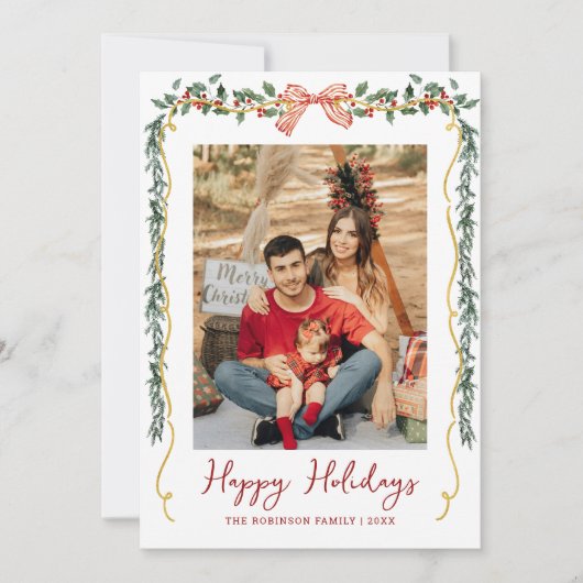 Botanical Greenery & Bow Happy Holidays 1 Photo シーズンカード (正面)