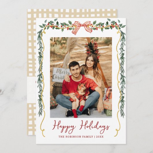 Botanical Greenery & Bow Happy Holidays 1 Photo シーズンカード (正面/裏面)