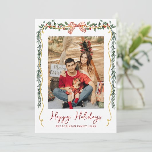 Botanical Greenery & Bow Happy Holidays 1 Photo シーズンカード (スタンド正面)