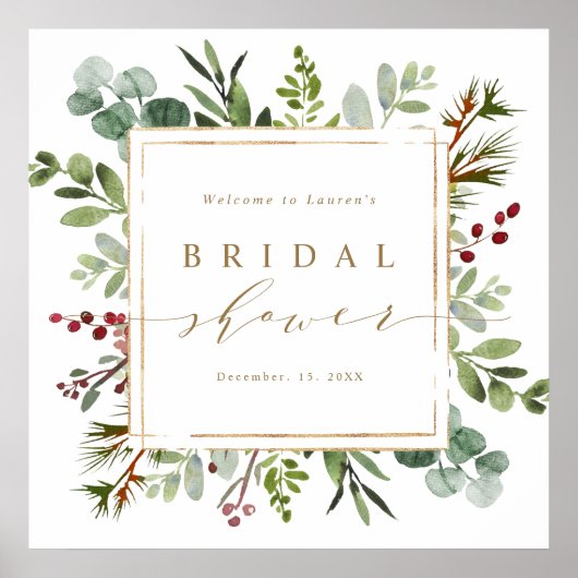 Botanical Greenery Christmas Bridal Shower Welcome ポスター (正面)