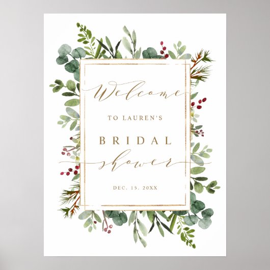 Botanical Greenery Christmas Bridal Shower Welcome ポスター (正面)