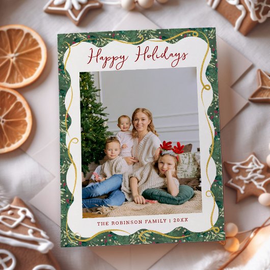 Botanical Greenery Pattern Happy Holidays 1 Photo シーズンカード