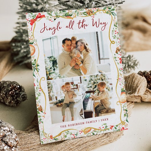 Botanical Greenery Pattern Jingle Christmas Photo シーズンカード