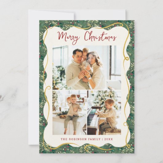 Botanical Greenery Pattern Merry Christmas 3 Photo シーズンカード (正面)
