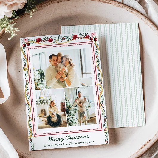 Botanical Greenery Ribbon Merry Christmas 3 Photo シーズンカード