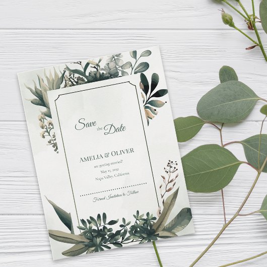 Botanical Greenery Sage Green Garden Wedding 案内ポストカード