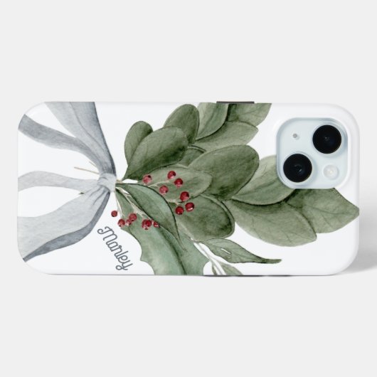 Botanical Greenery Silver Ribbon Personalized Case-Mate iPhoneケース (裏面 (横))