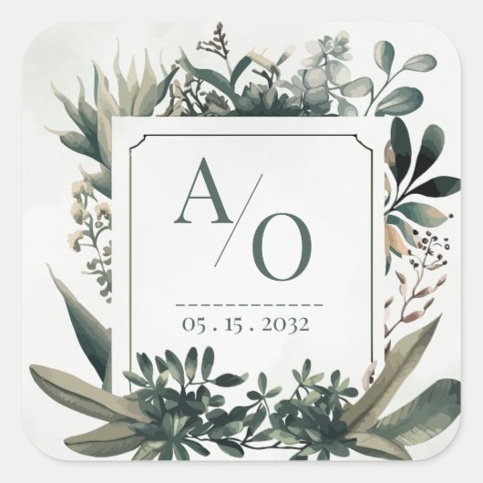 Botanical Greenery Wedding Monogram  スクエアシール (正面)