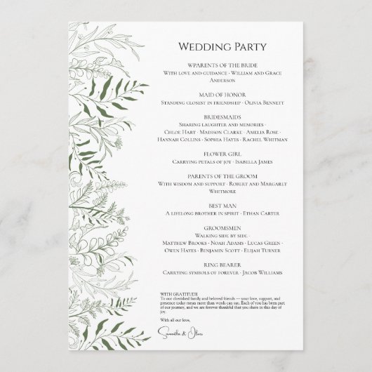 Botanical Greenery Wedding Program Card プログラム (裏面)