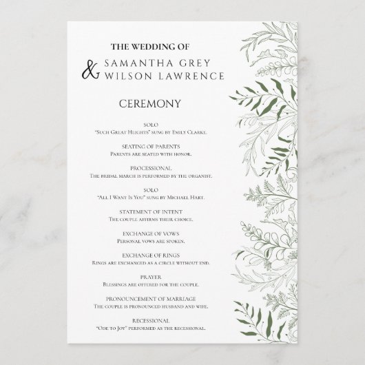 Botanical Greenery Wedding Program Card プログラム (正面)