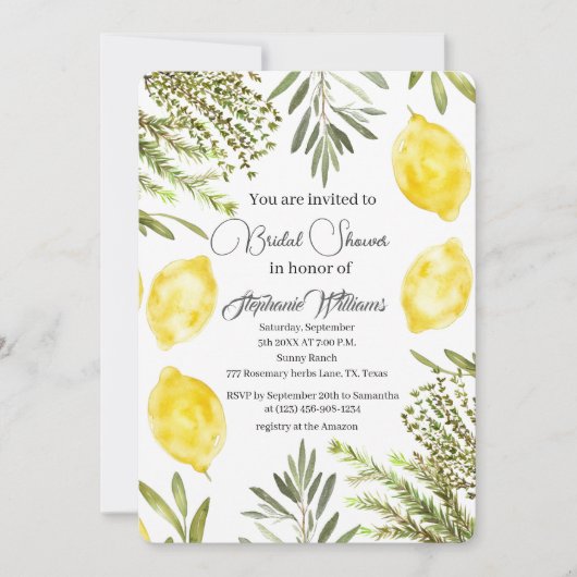 Botanical Herbs Lemons Watercolor Bridal Shower  招待状 (正面)