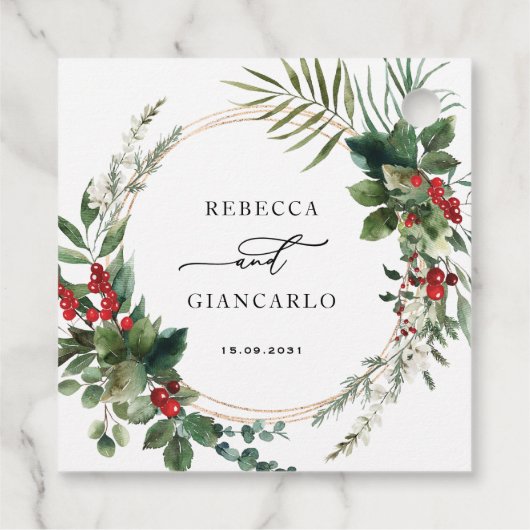 Botanical Holiday Greenery Red Berries Wedding フェイバータグ (裏面)