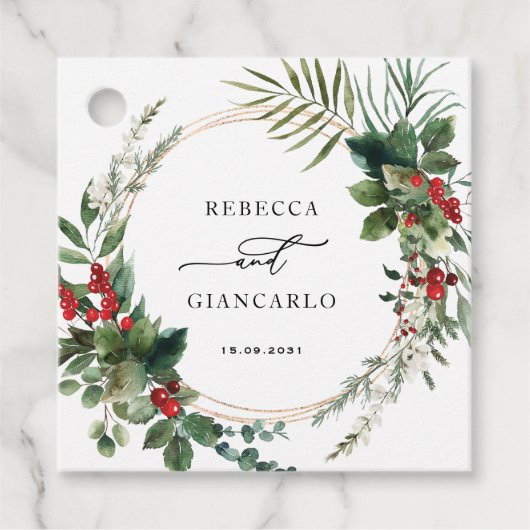Botanical Holiday Greenery Red Berries Wedding フェイバータグ (正面)