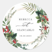 Botanical Holiday Greenery Red Berries Wedding ラウンドシール (正面)
