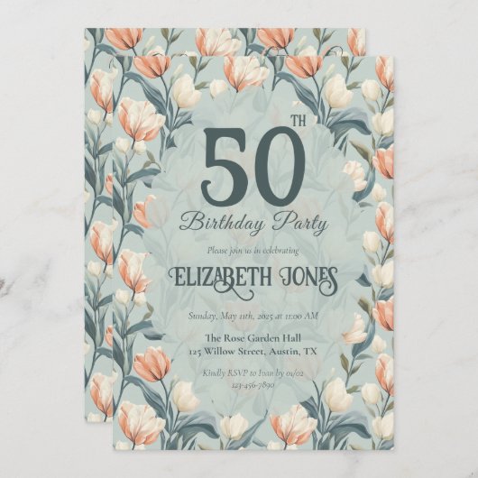 Botanical Inspired Tulip Themed Custom Birthday 招待状 (正面/裏面)