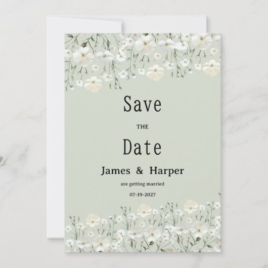Botanical ivory mint delicate flora Save the Date  招待状 (正面)