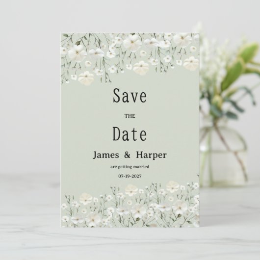 Botanical ivory mint delicate flora Save the Date  招待状 (スタンド正面)