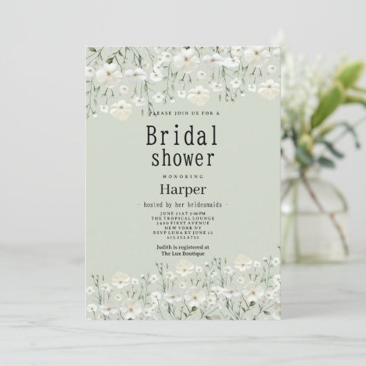 Botanical ivory mint delicate floral Bridal Shower 招待状 (スタンド正面)