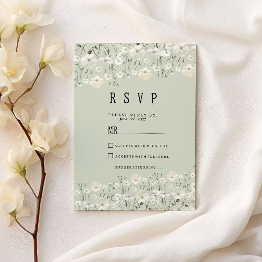 Botanical ivory mint delicate floral RSVP  招待状