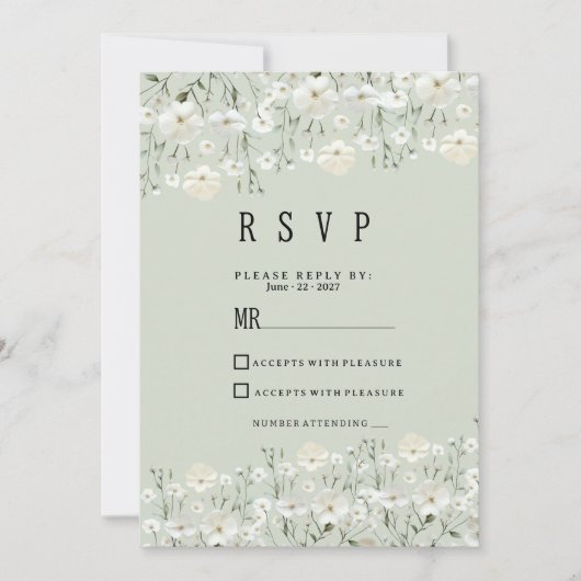 Botanical ivory mint delicate floral RSVP  招待状 (正面)