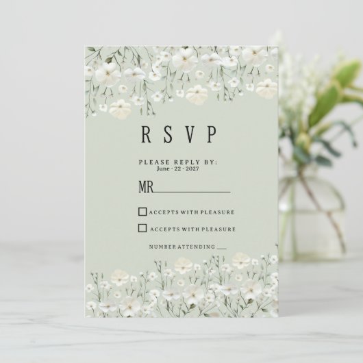 Botanical ivory mint delicate floral RSVP  招待状 (スタンド正面)
