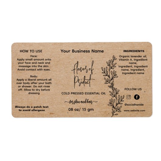 Botanical Kraft Essential Oil Bottle Label ラベル (正面)