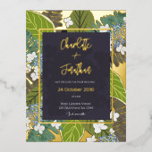 Botanical Leaf and Hydrangea Petals Save The Date 箔招待状ポストカード (正面)