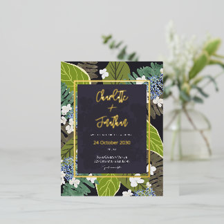 Botanical Leaf and Hydrangea Petals Save The Date 箔招待状ポストカード