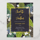 Botanical Leaf and Hydrangea Petals Save The Date 箔招待状ポストカード (正面)