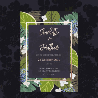 Botanical Leaf and Hydrangea Petals Save The Date 箔招待状