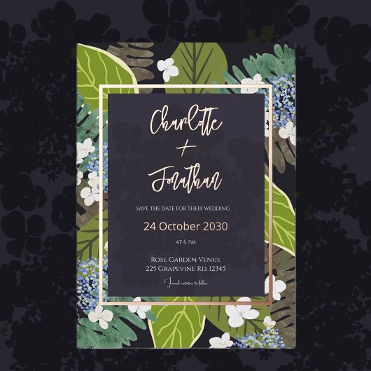 Botanical Leaf and Hydrangea Petals Save The Date 箔招待状