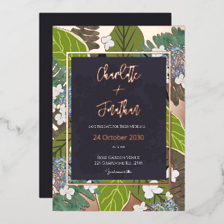 Botanical Leaf and Hydrangea Petals Save The Date 箔招待状