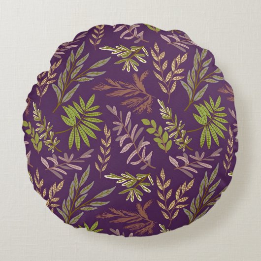 Botanical Leaves: A Stunning Purple Back ラウンドクッション (正面)