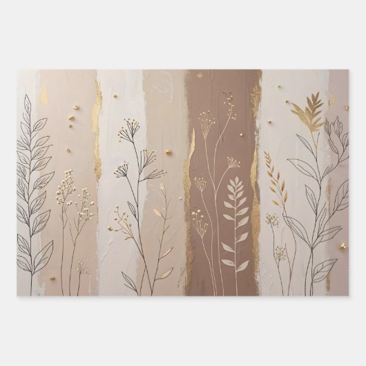Botanical Leaves and Flowers Beige and Brown  ラッピングペーパーシート (正面)