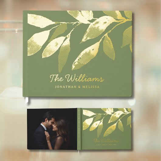 Botanical Leaves Sage Green Foil Guest Book Photo  ゲストブック