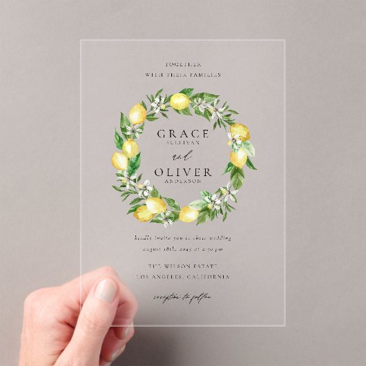 Botanical Lemon and Greenery Summer Wreath Wedding アクリル招待状 (インサイチュ (ポータブル))