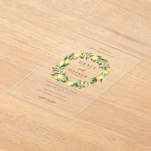 Botanical Lemon and Greenery Summer Wreath Wedding アクリル招待状 (レイダウン)