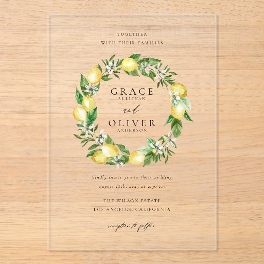 Botanical Lemon and Greenery Summer Wreath Wedding アクリル招待状 (正面)
