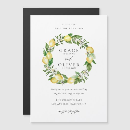 Botanical Lemon and Greenery Wreath Garden Wedding マグネット招待状 (正面/裏面)