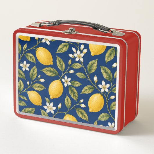 Botanical Lemon Blossom Navy Blue Lunch Box メタルランチボックス (正面)