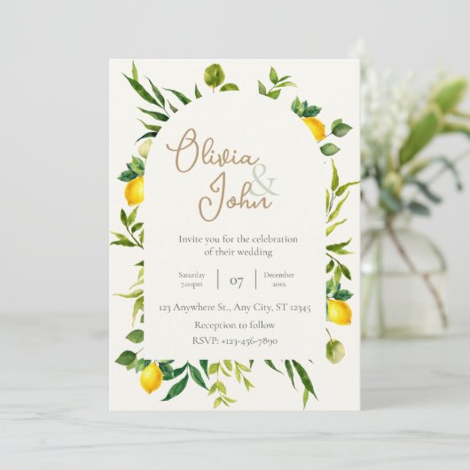 Botanical Lemon Citrus Wreath Greenery Wedding 招待状 (スタンド正面)