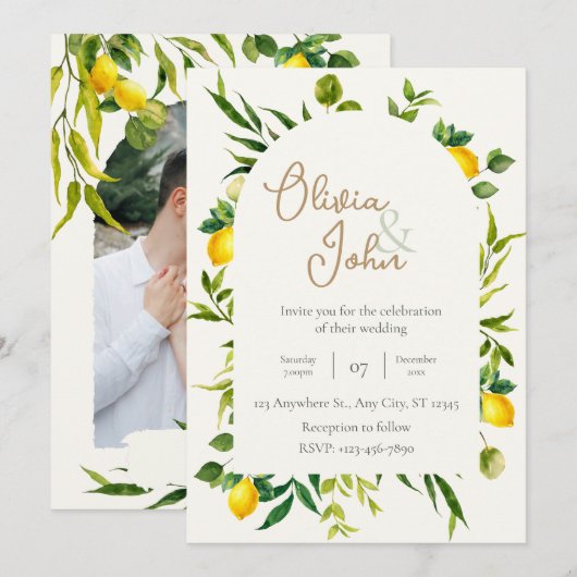 Botanical Lemon Citrus Wreath Greenery Wedding 招待状 (正面/裏面)
