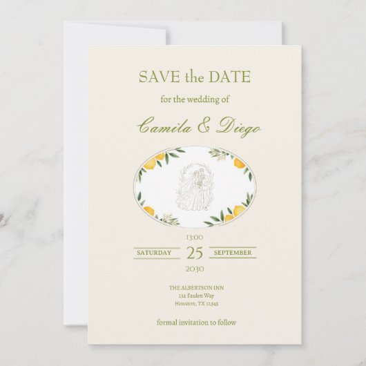 Botanical Lemon Olive Wedding Save the Date (正面)