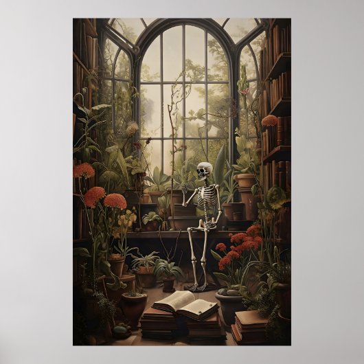 Botanical Library Skeleton Art Print, Dark ポスター (正面)